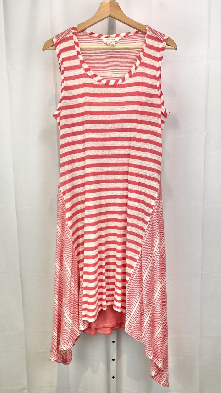 SUNDANCE M Striped Linen Knit Sleeveless Midi Dress Lined Asymmetric Hem Pink